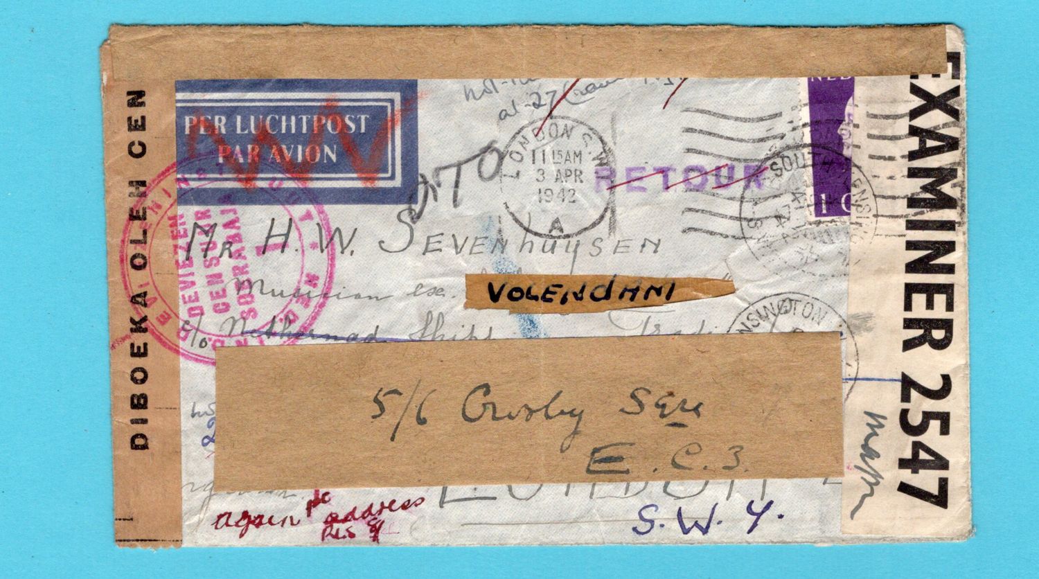 NETHERLANDS EAST INDIES censor air cover 1941 Balikpapan to ship