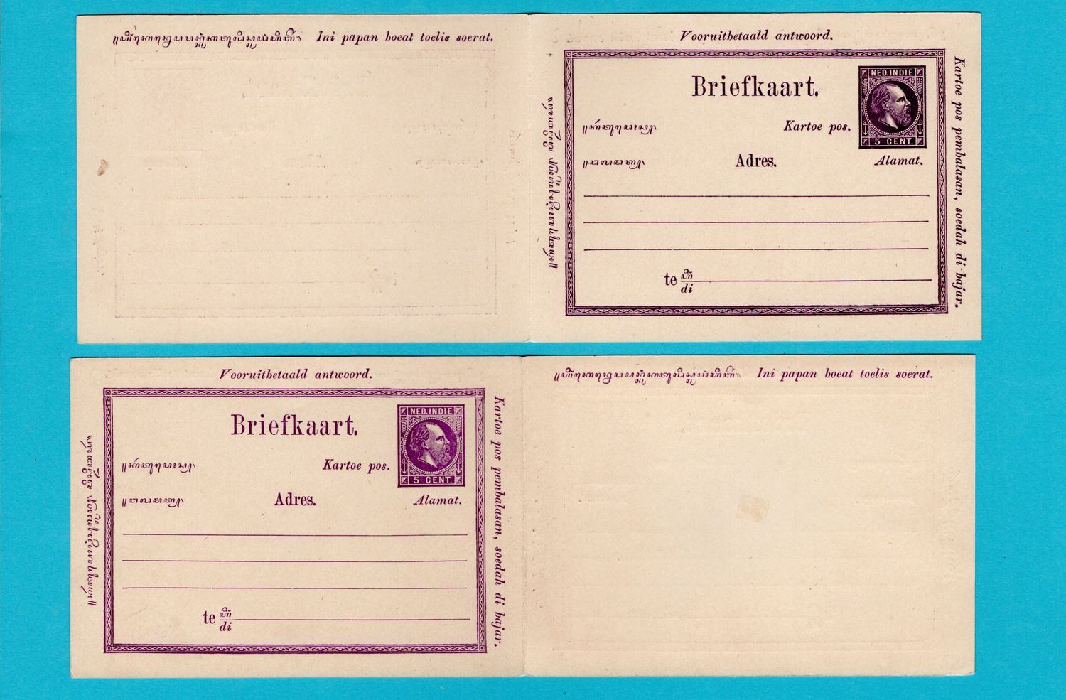 NETHERLANDS EAST INDIES 2 postal cards 1874 with paid reply **