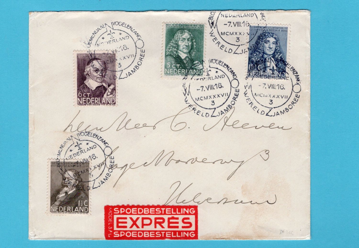 NEDERLAND Expresse brief 1937 Vogelenzang Wereld Jamboree
