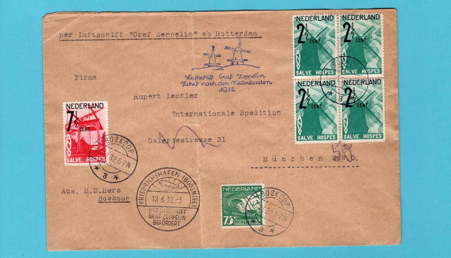 NEDERLAND Zeppelin brief 1932 Boskoop - München