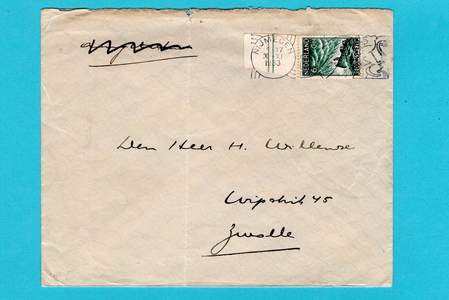 NEDERLAND brief 6ct reddingswezen 1933 Nijmegen naar Zwolle