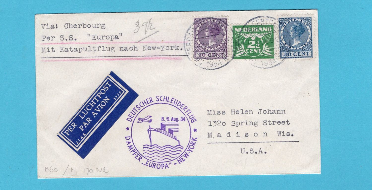 NEDERLAND Katapult vlucht S.S. Europa 1934 Amsterdam -USA