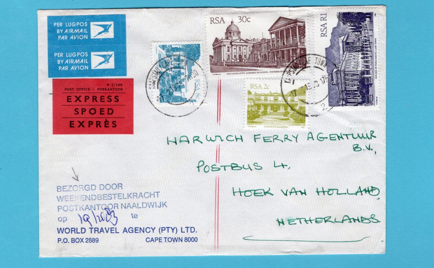 ZUID AFRIKA expres brief 1983 Naaldwijk speciale bezorging
