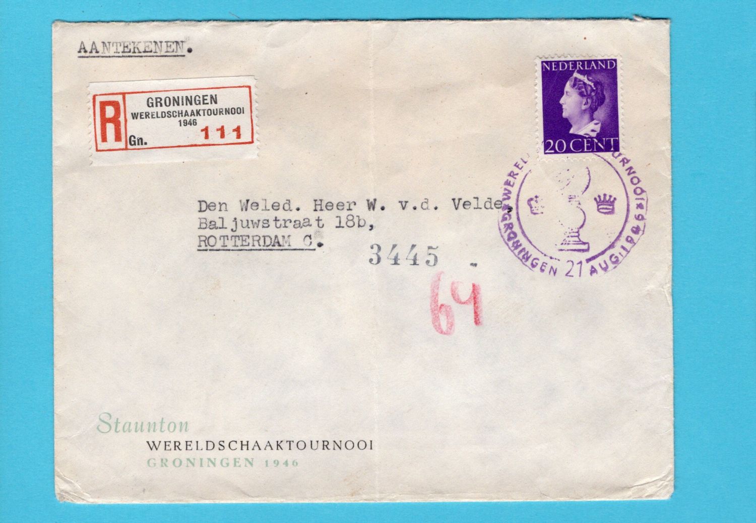 NEDERLAND Staunton Wereld Schaaktournooi R brief 1946 Groningen