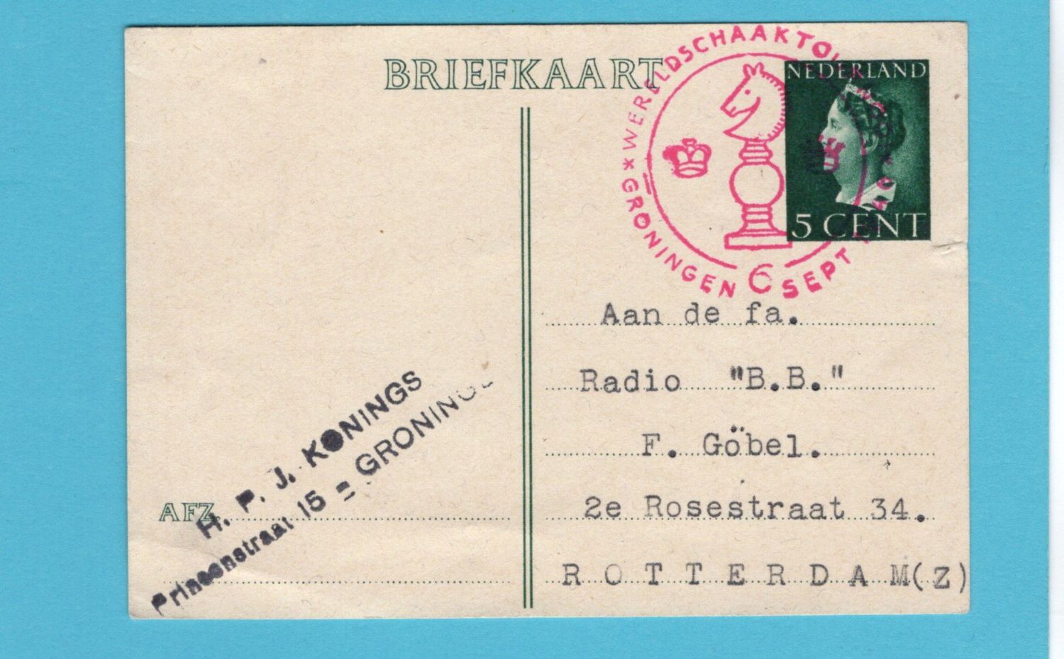 NEDERLAND Staunton Wereld Schaaktournooi briefkaart 1946 Groningen