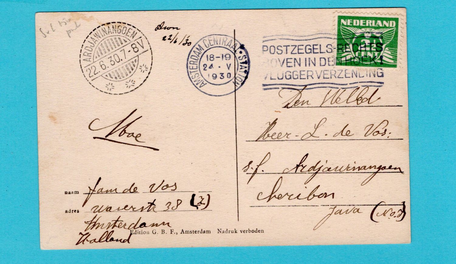 NETHERLANDS PPC 1930 Amsterdam to Ardjawinangoen, D East Indies