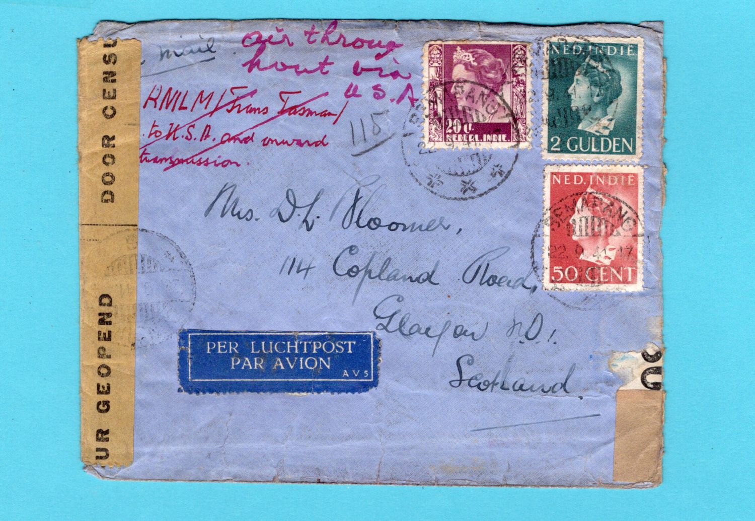 NETHERLANDS EAST INDIES censor air cover 1941 Semarang to Scotland