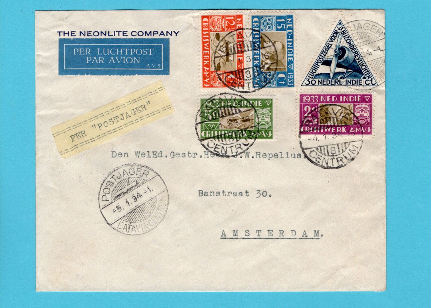 NETHERLANDS EAST INDIES air cover 1934 Batavia by Postjager