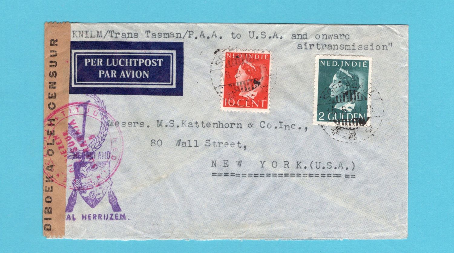 NETHERLANDS EAST INDIES air censor cover 1941 Soerabaja -USA