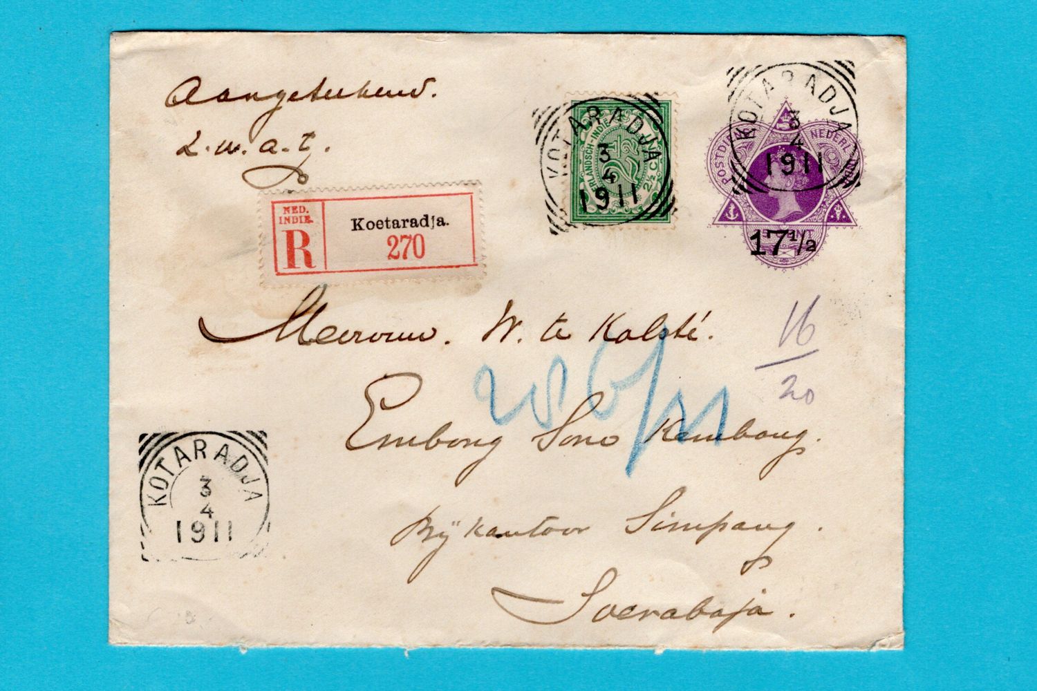 NETHERLANDS EAST INDIES R envelope 1911 Kotaradja to Soerabaja