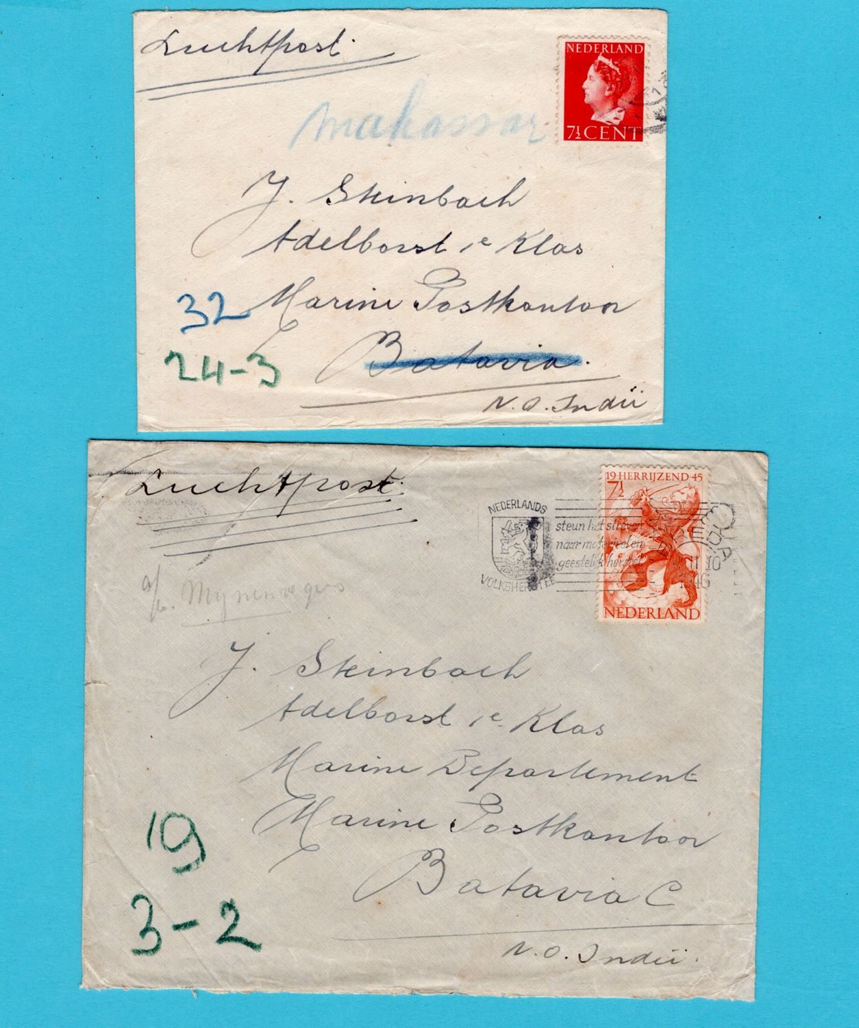 NEDERLAND 2 brieven 1946 Breda naar Marine Postkantoor Indië