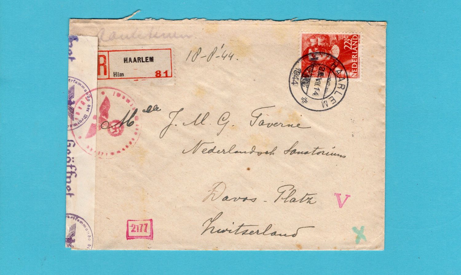 NEDERLAND censuur brief 1944 Haarlem naar Zwitserland