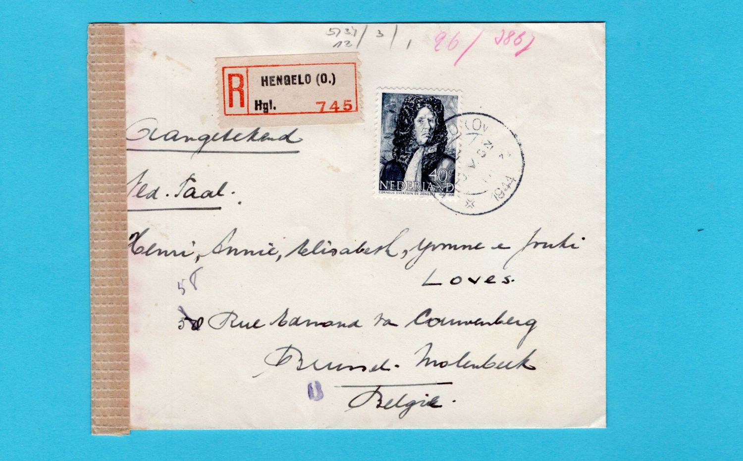 NEDERLAND R censuur brief 1944 Hengelo naar Molenbeek, België