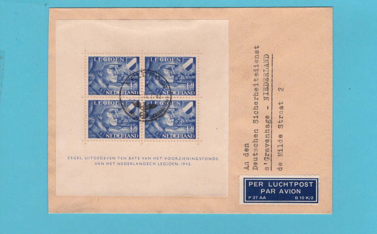 NEDERLAND brief met legioen blok 1943 Feldpost stempel - Den Haag