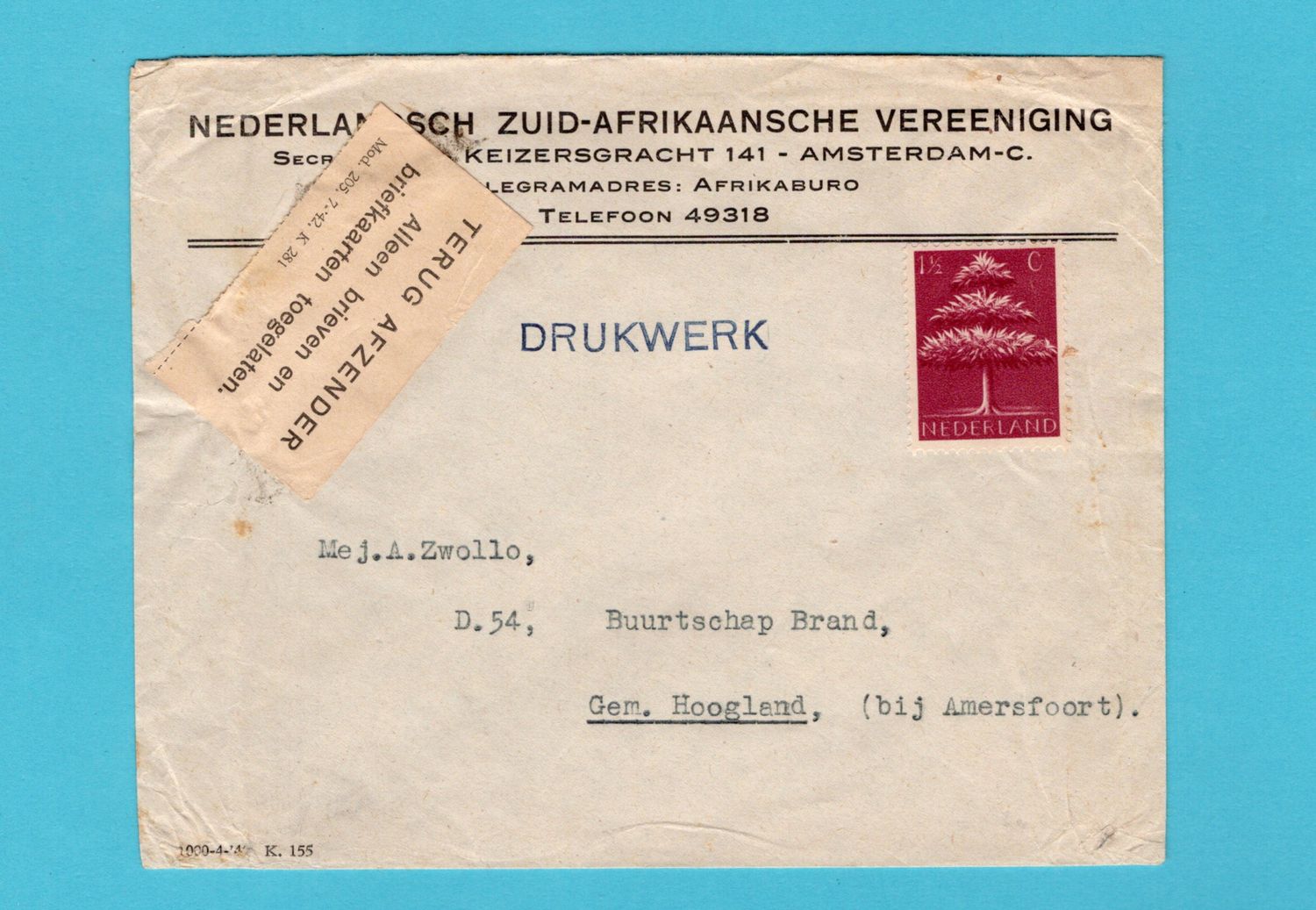 NEDERLAND drukwerk 1945 Amsterdam - Hoogland - Niet toegelaten