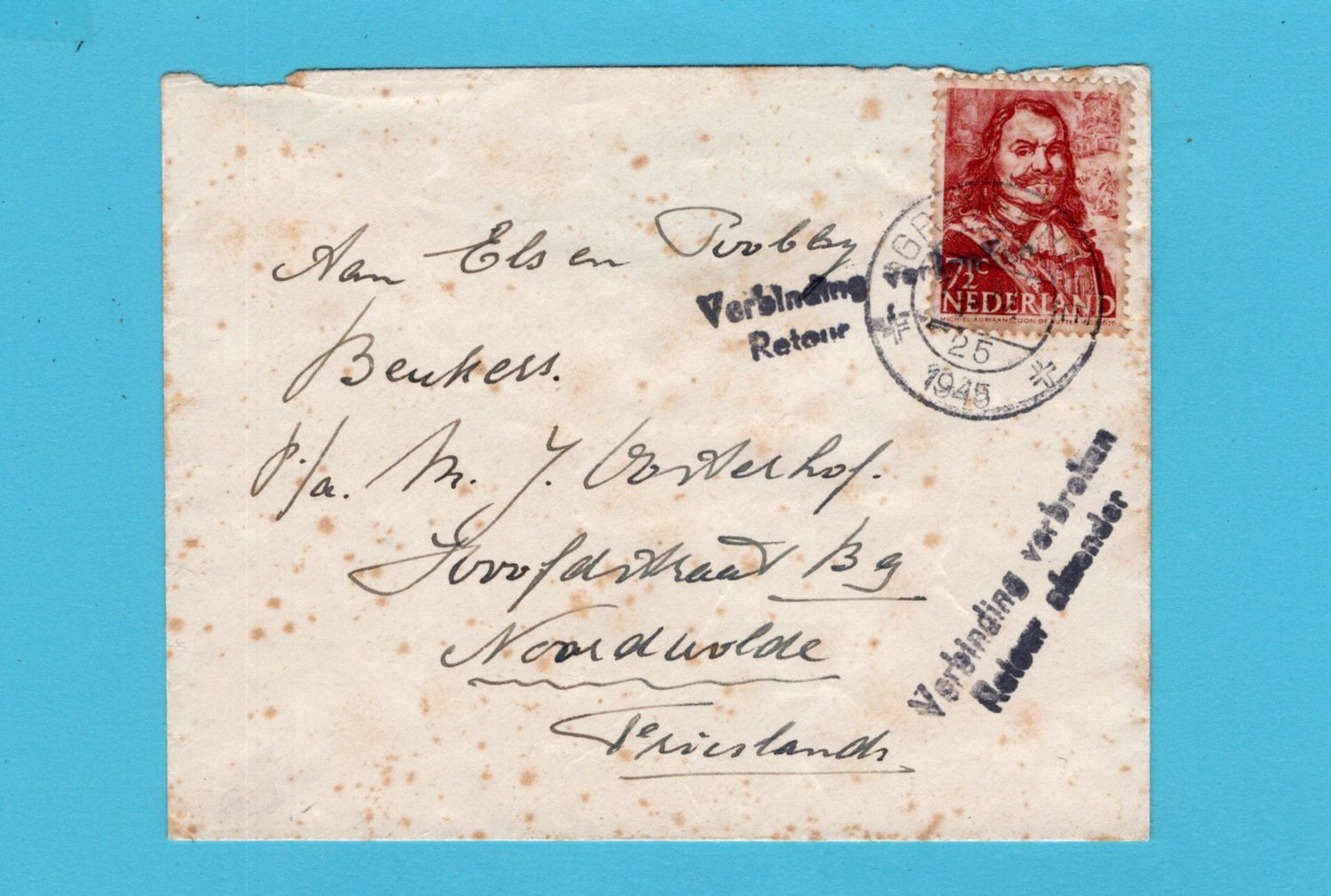 NEDERLAND brief 16-IV-1945 &#39;s Gravenhage -Noordwolde Retour