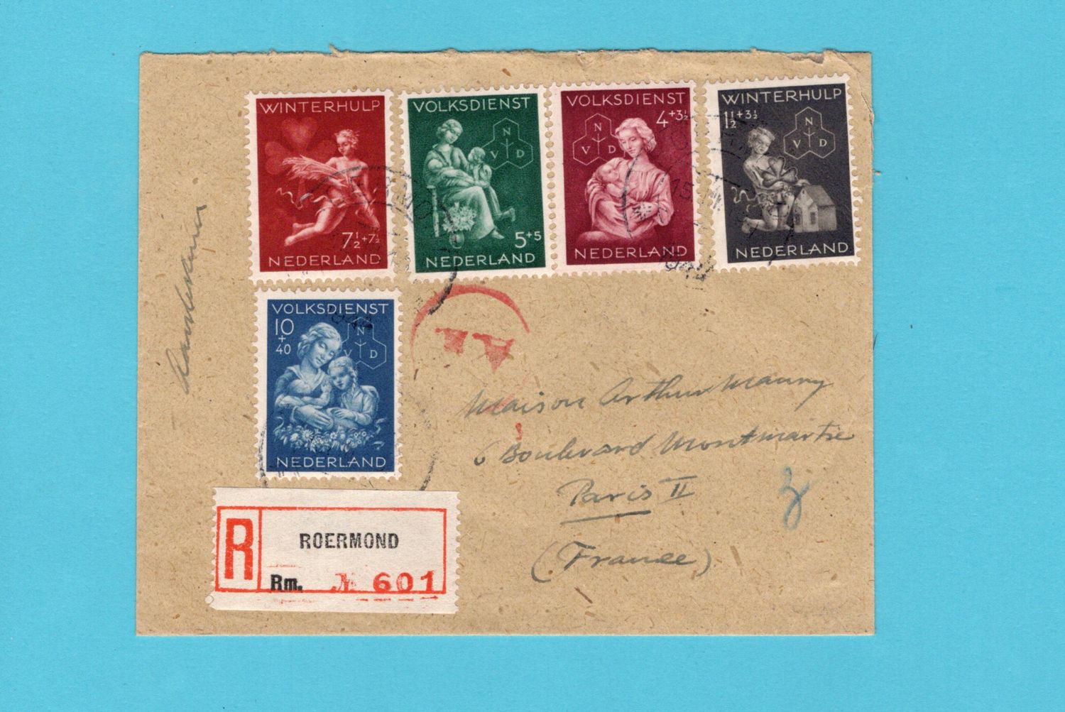 NEDERLAND R brief met set Winterhulp 1944 Roermond -Frankrijk