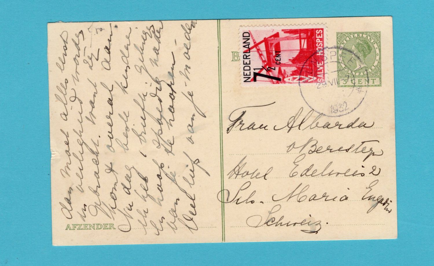 NEDERLAND briefkaart 1932 Nunspeet naar Zwitserland