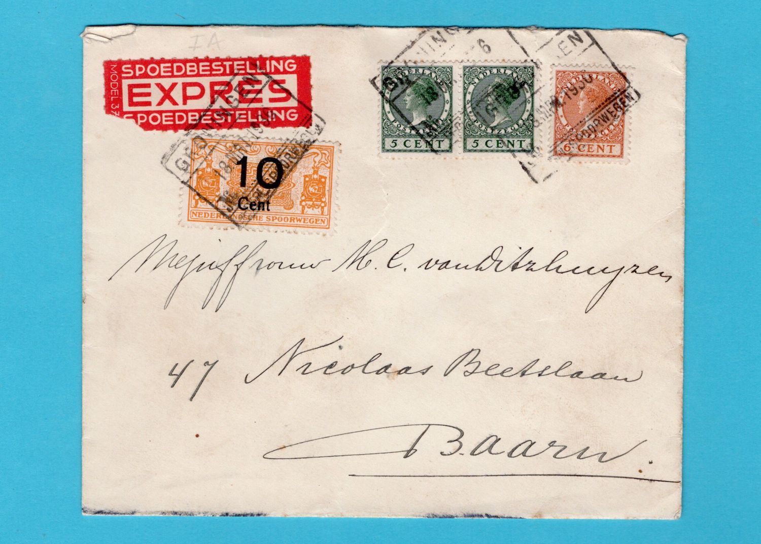 NEDERLAND brief per trein expres 1936 Groningen naar Baarn