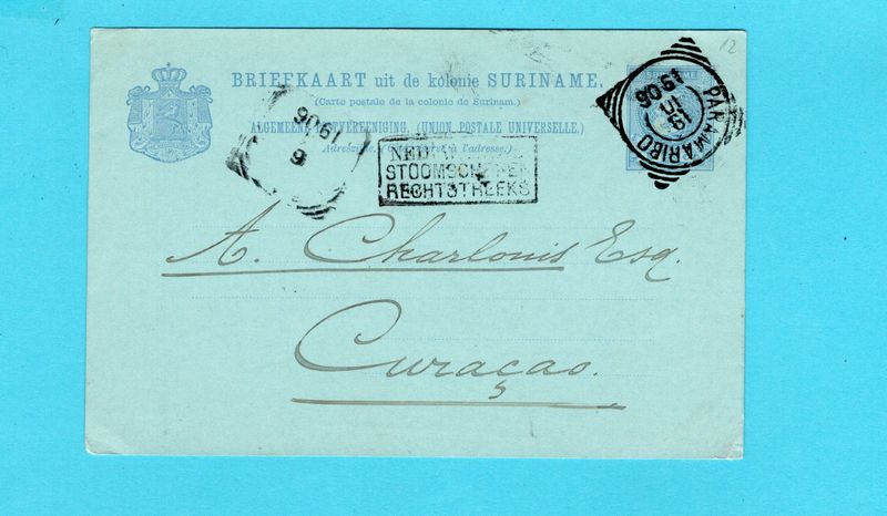 SURINAME briefkaart 1906 Paramaribo "...Stoomschepen /Rechtstreeks"
