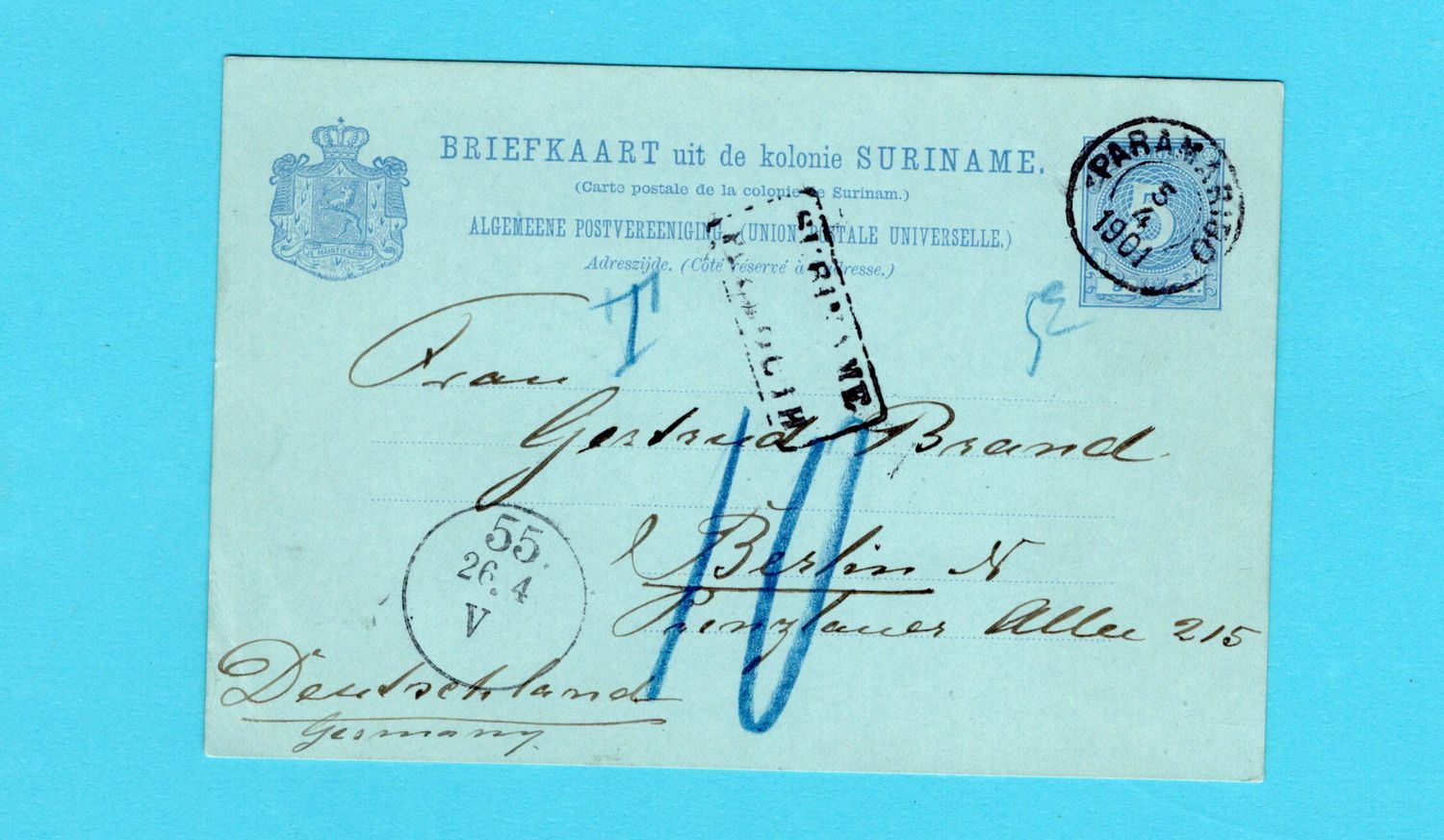 SURINAME briefkaart 1901 Paramaribo via Plymouth 5ct port belast