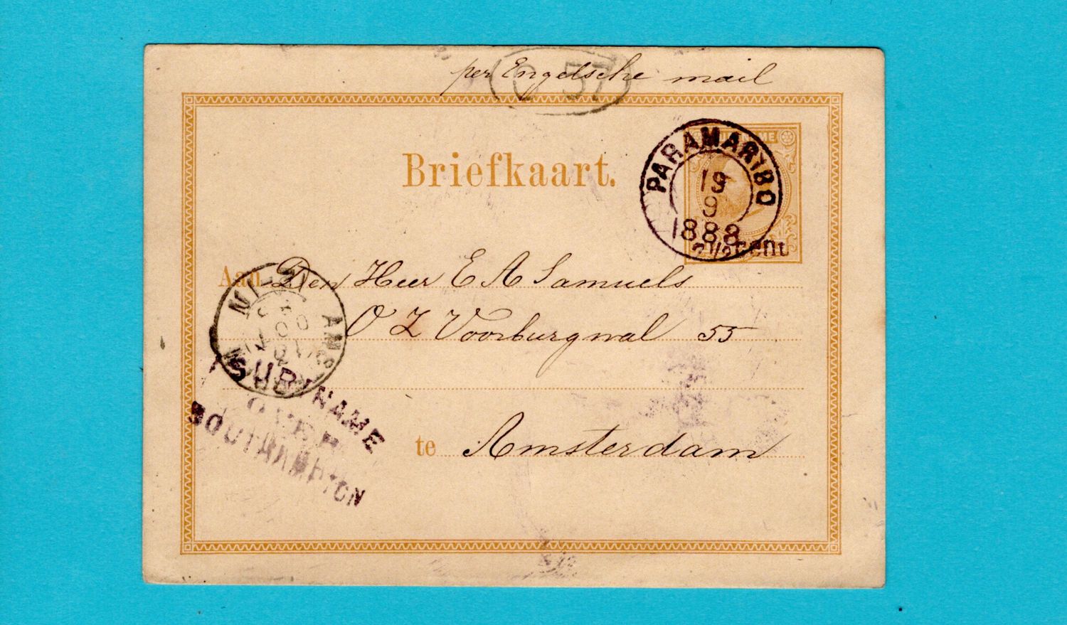 SURINAME briefkaart 1888 Paramaribo over Southampton