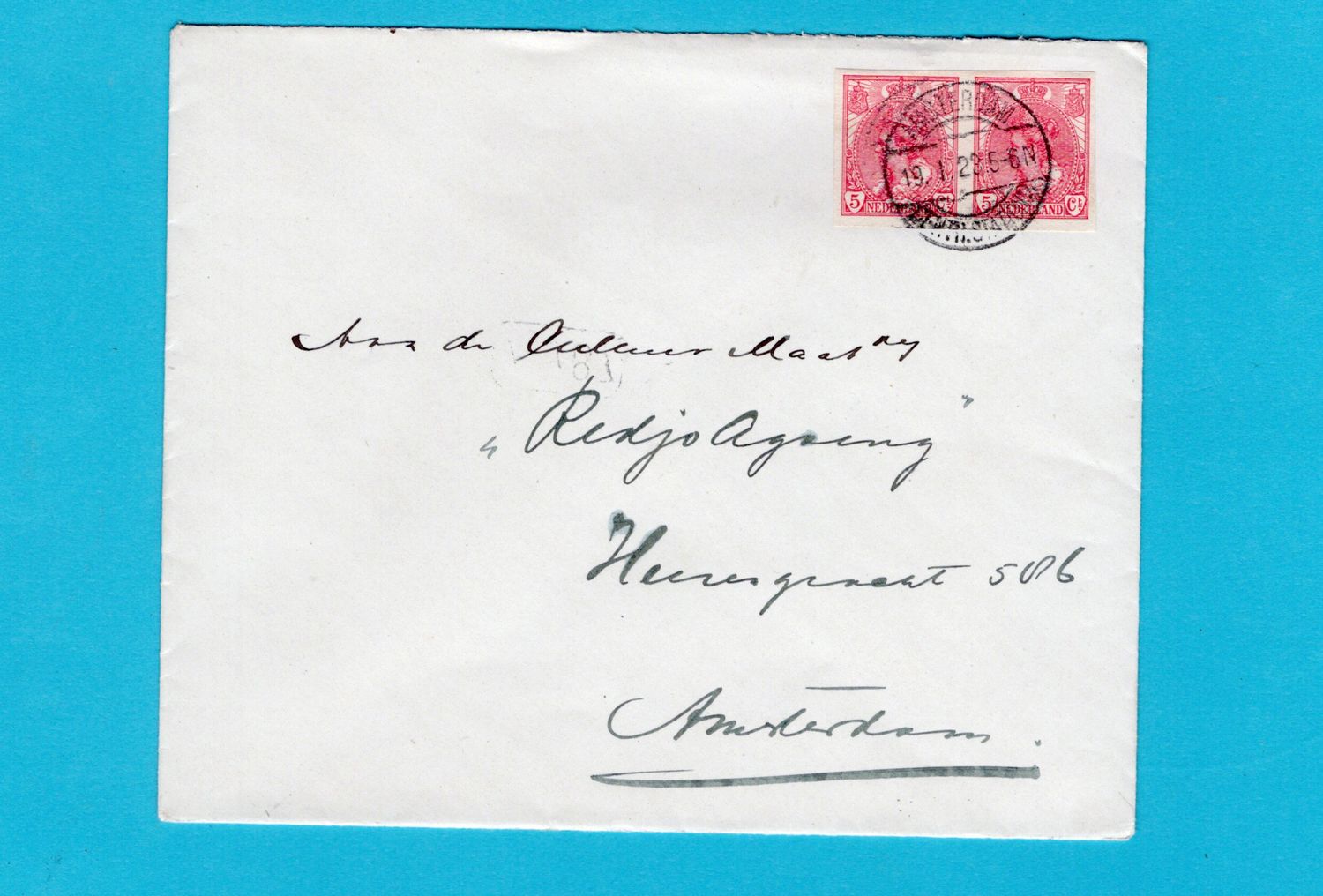 NEDERLAND brief 1923 Amsterdam met 5ct ongetand in paar