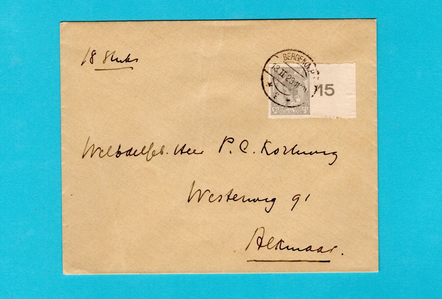 NEDERLAND brief 1923 Bergen NH met 10ct roulette perforatie
