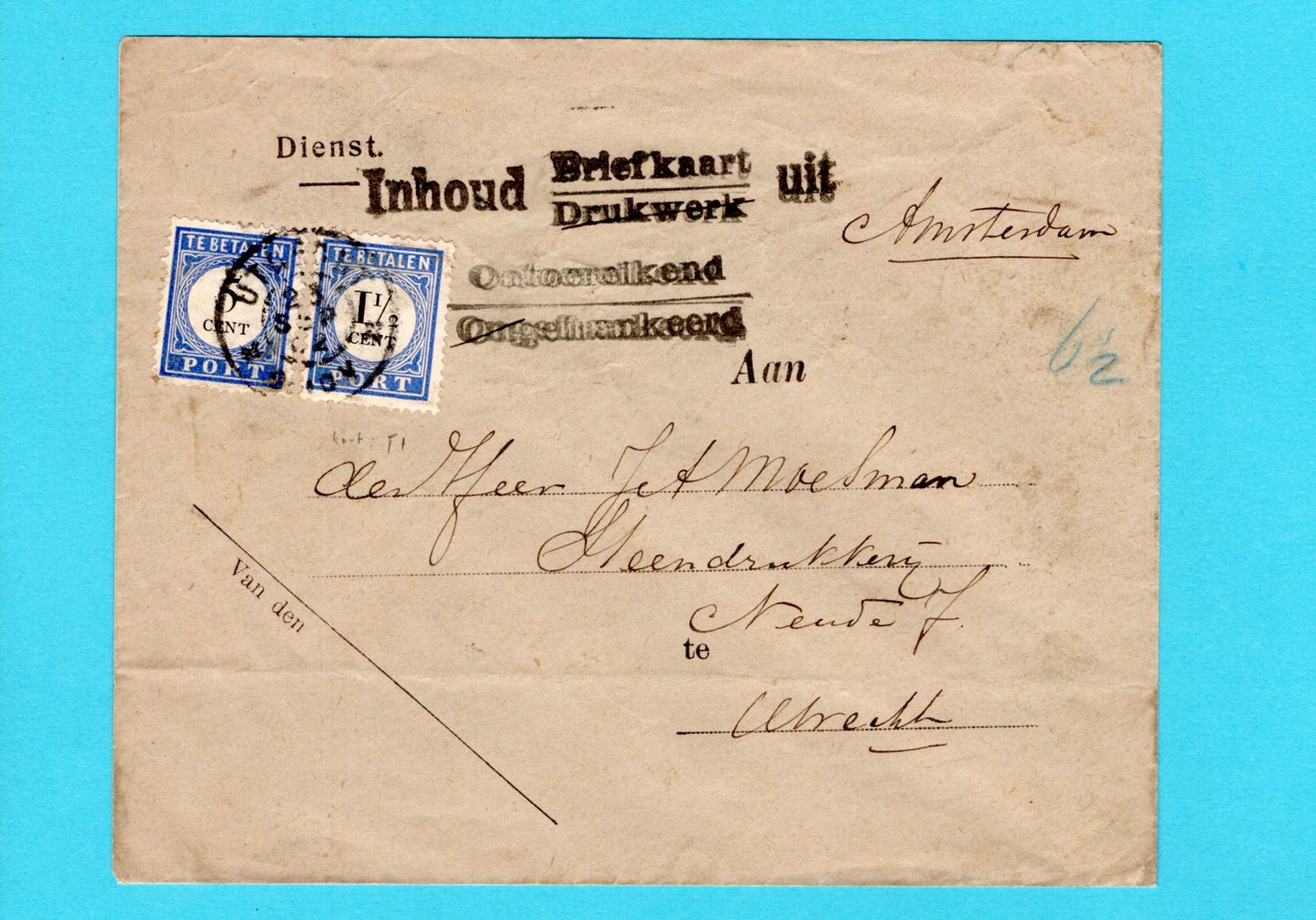 NEDERLAND dienstbrief gebruikt als port-envelop 1902 Utrecht