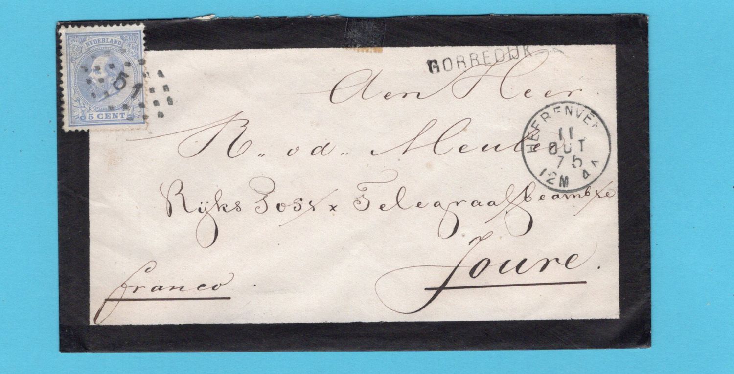 NEDERLAND rouwbrief 1875 Gorredijk puntstempel &quot;51&quot; naar Joure