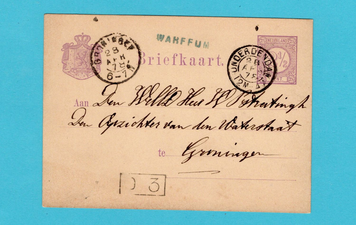 NEDERLAND briefkaart 1878 Warffum naamstempel via Onderdendam