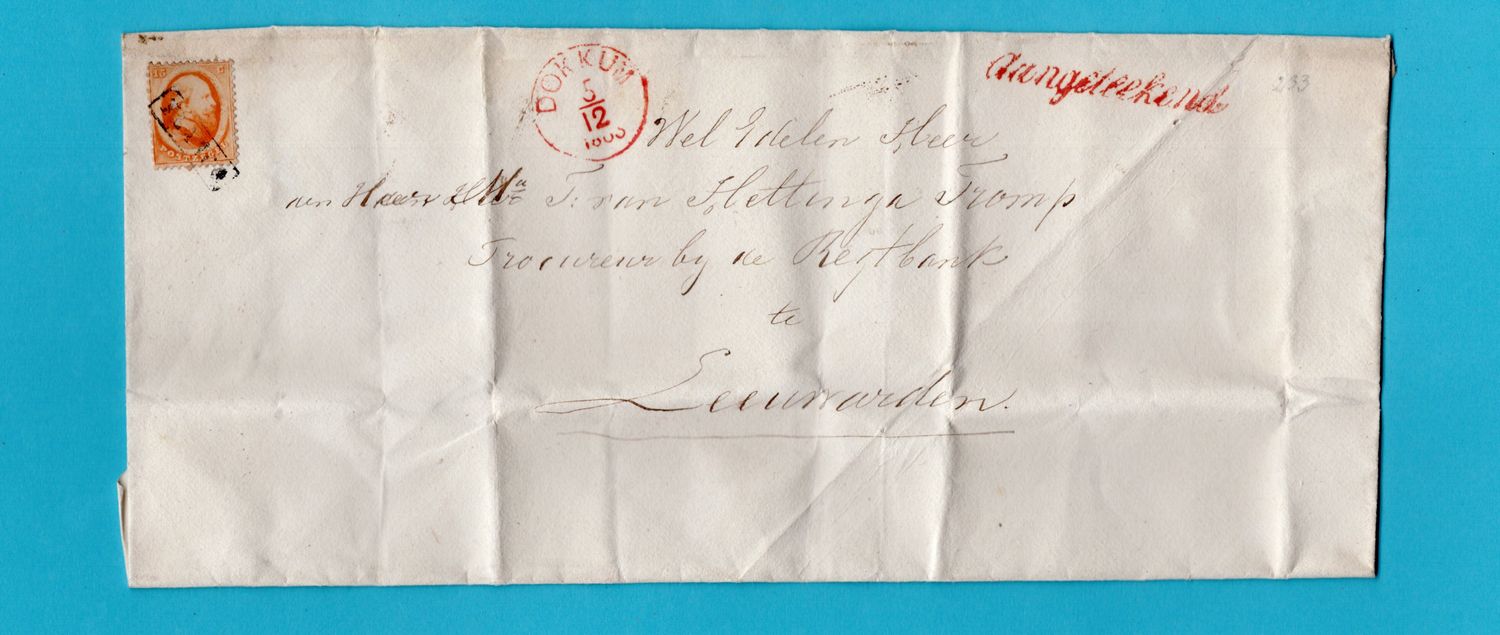 NEDERLAND aangetekende brief 1865 Dokkum naar Leeuwarden