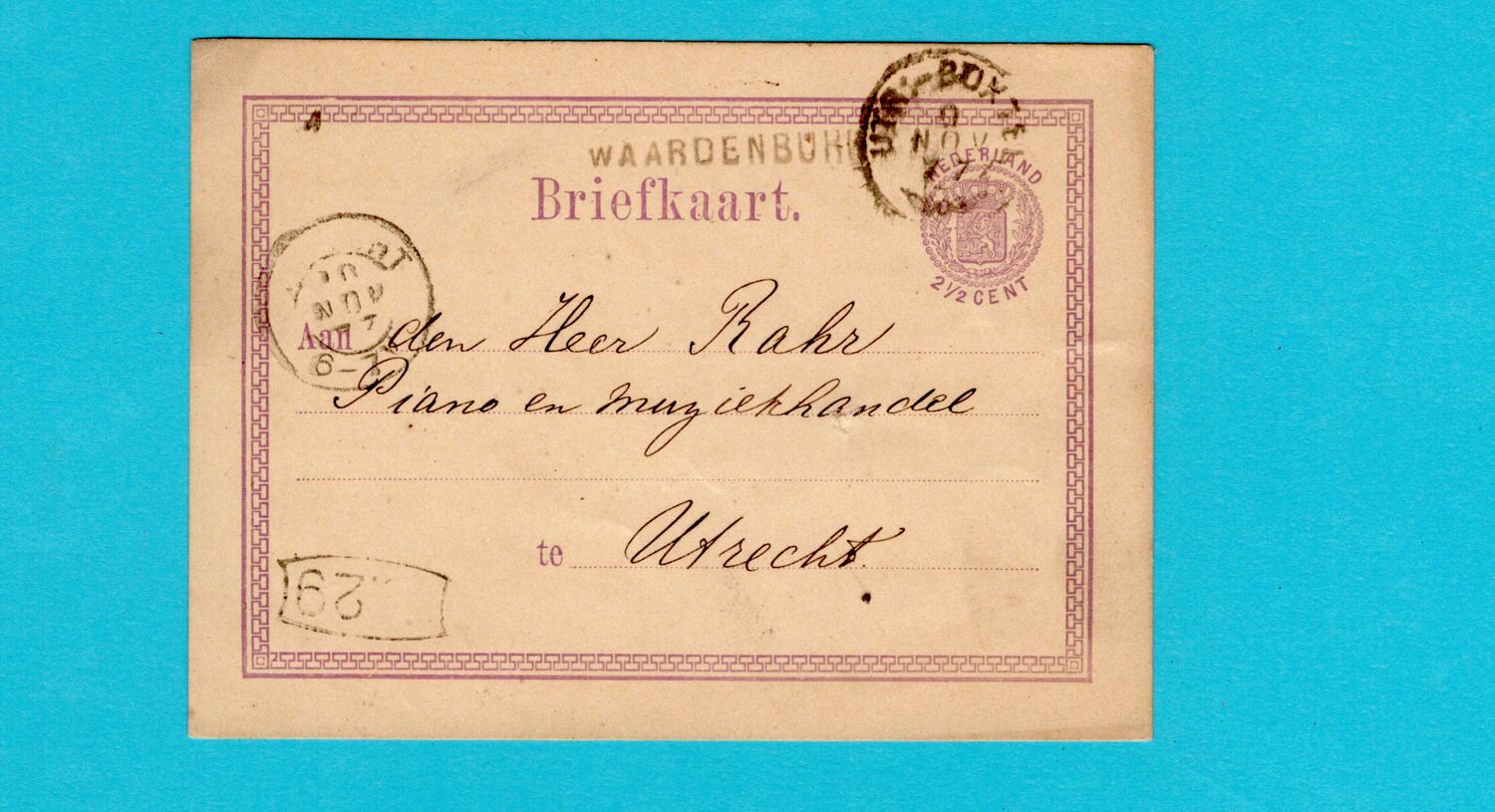 NEDERLAND briefkaart 1877 Waardenburg en Utrecht-Boxtel takje trein