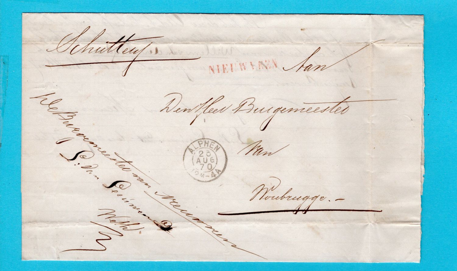 NEDERLAND schutterij brief 1870 Nieuwveen naar Woubrugge