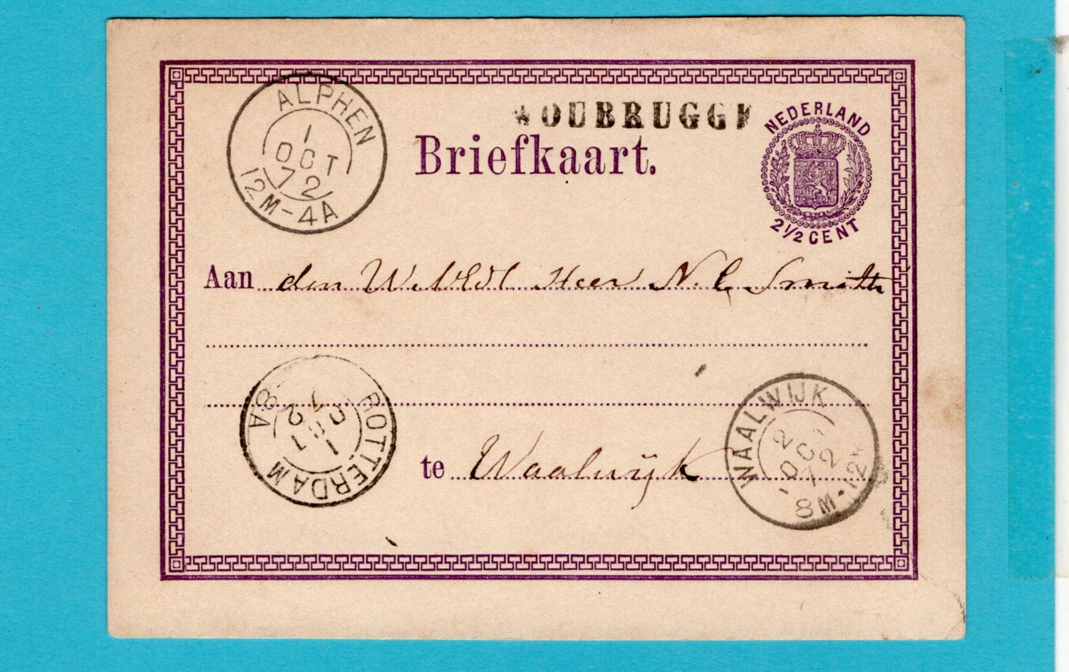 NEDERLAND briefkaart 1872 Woubrugge naar Waalwijk