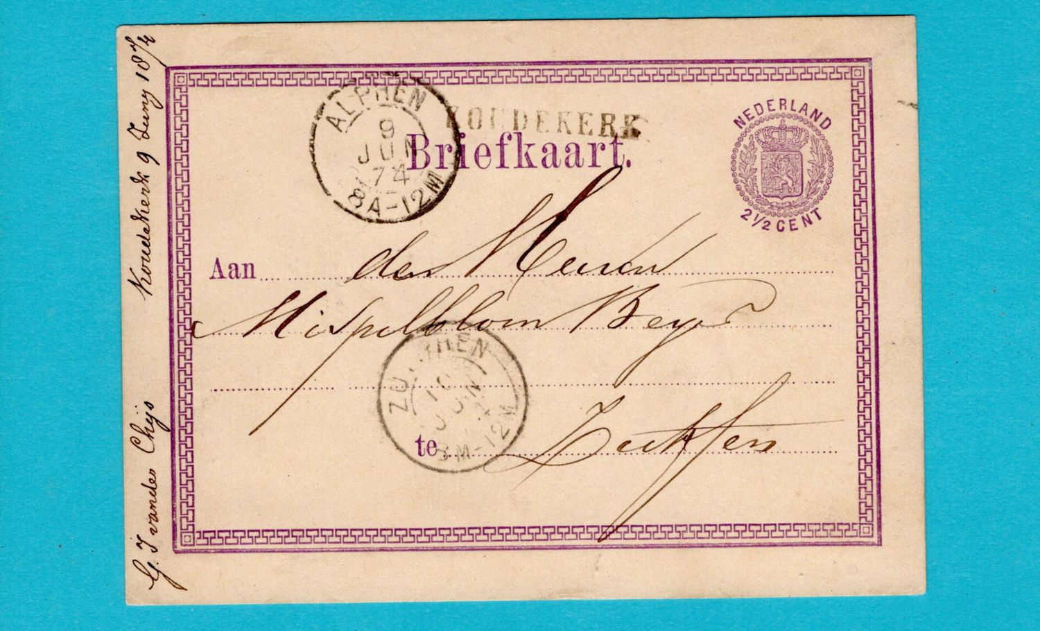 Nederland briefkaart 1874 Koudekerk naar Zutphen