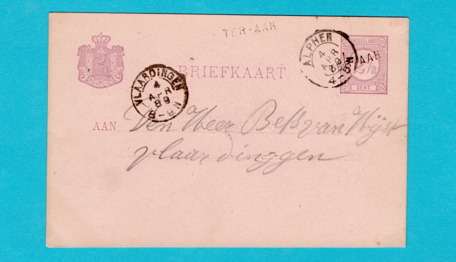 NEDERLAND briefkaart 1889 Ter Aar naar Vlaardingen