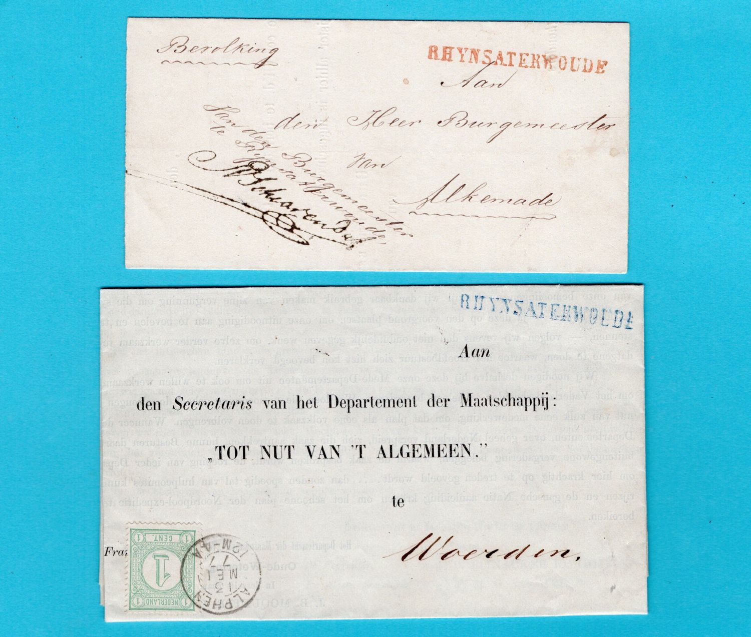NEDERLAND 2 brieven 1865-1877 Rhynsaterwoude in rood en blauw