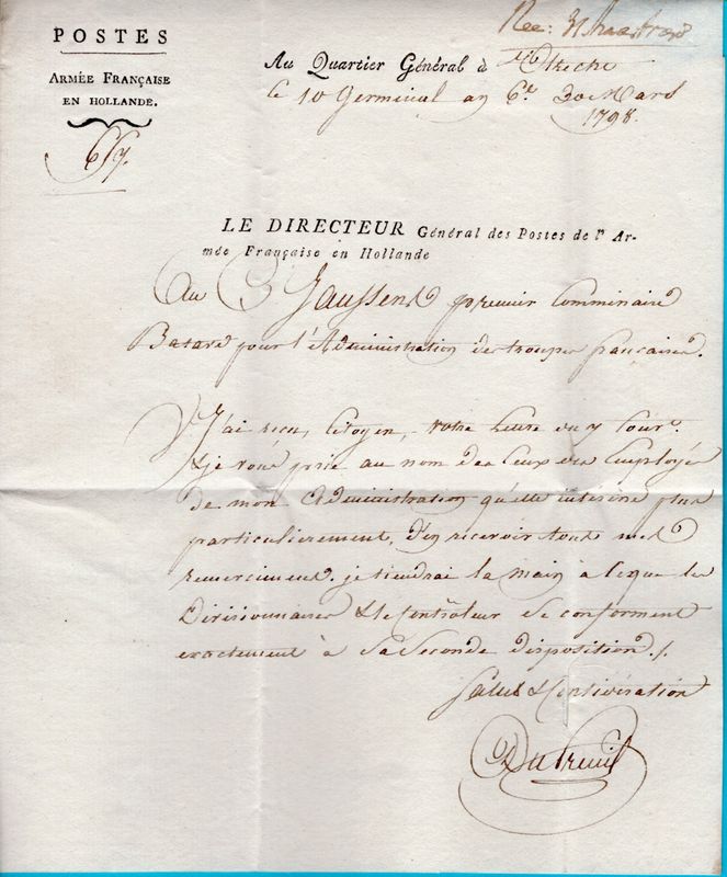 NEDERLAND complete brief 1798 Utrecht Hollande Troupes F.oises
