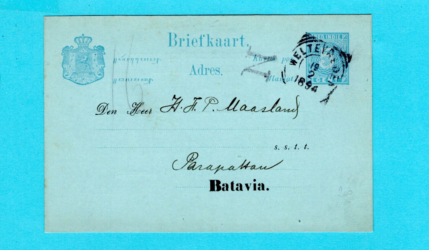 NETHERLANDS EAST INDIES private printed card 1894 Weltevreden