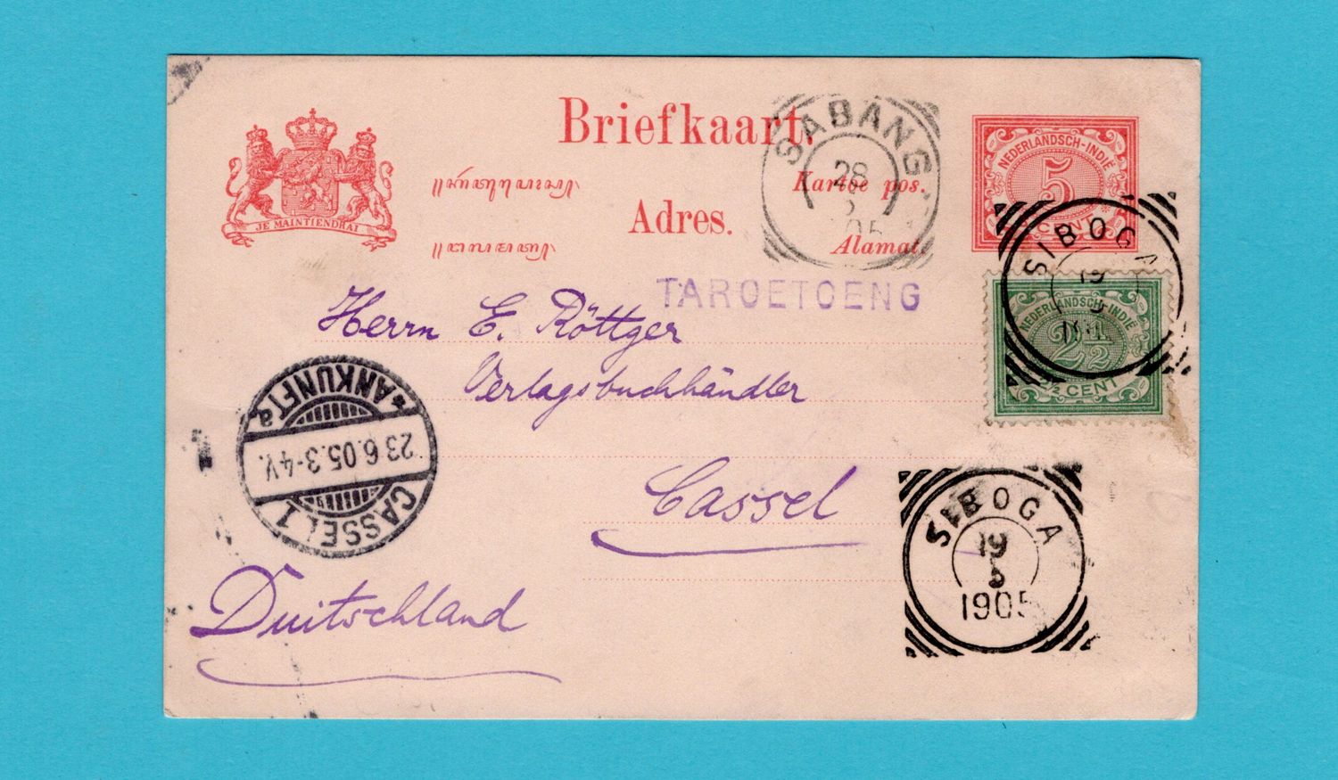 NETHERLANDS EAST INDIES postal card 1905 Taroetoeng line cancel