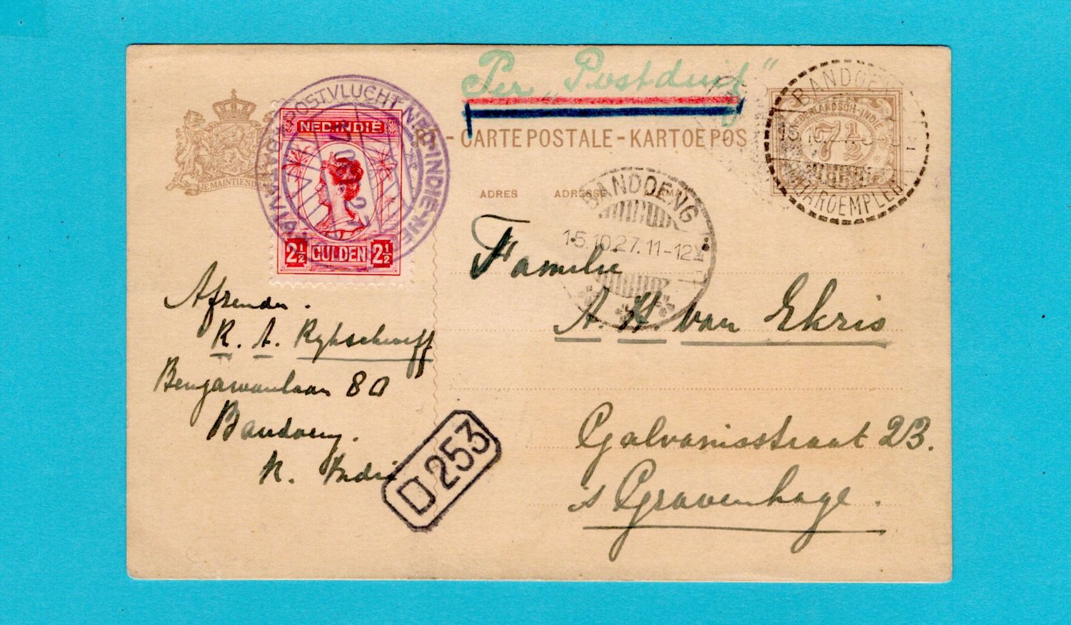 NETHERLANDS EAST INDIES special &quot;Postduif&quot; flight card 1927 Bandoeng