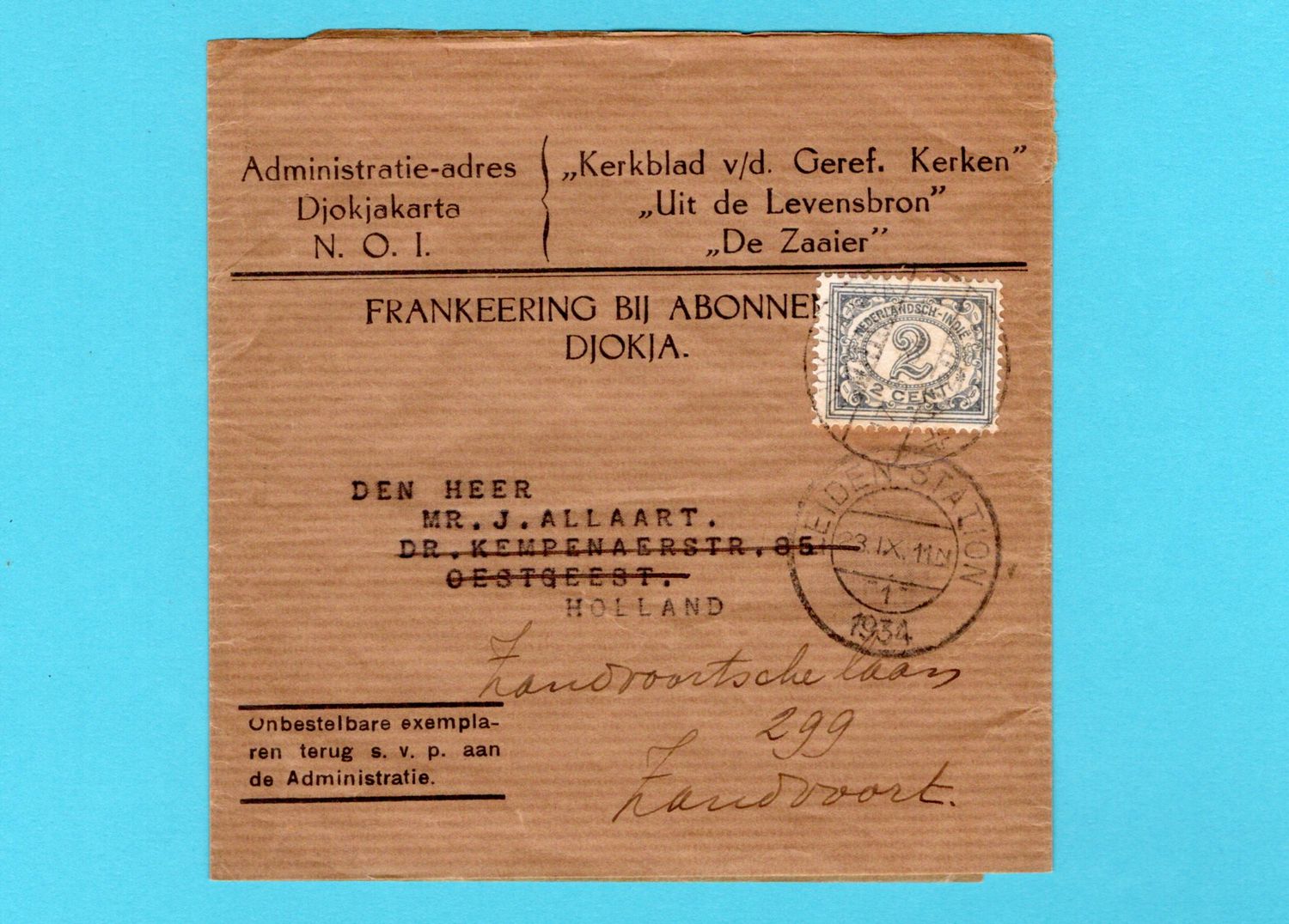 NETHERLANDS EAST INDIES wrapper 1934 Djokjakarta to Oegstgeest