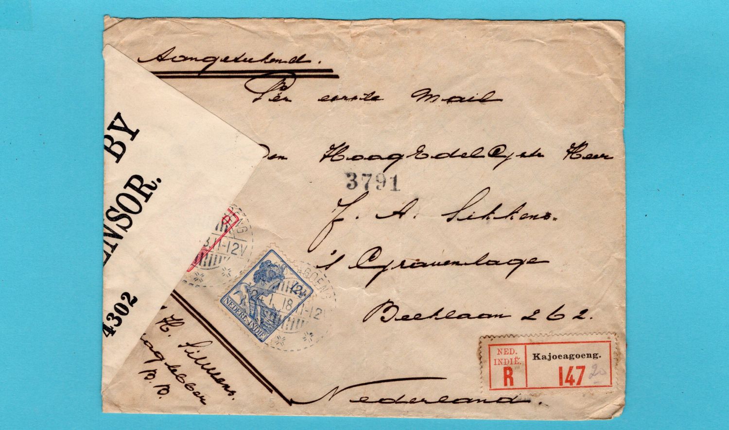 NETHERLANDS EAST INDIES censor cover 1918 Kajoengoeng to NL