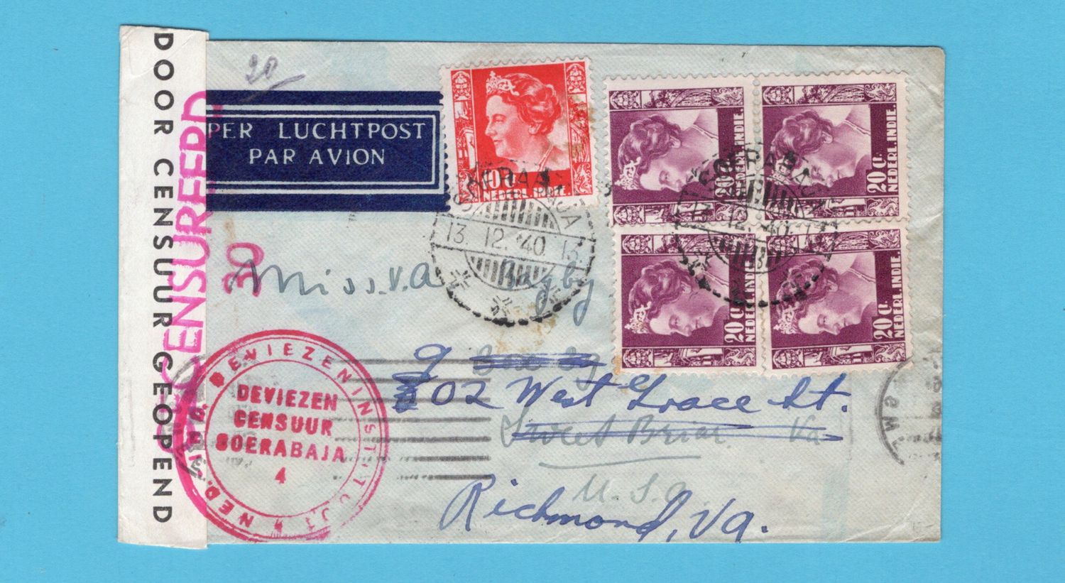 NETHERLANDS EAST INDIES censor air cover 1940 Soerabaja to USA