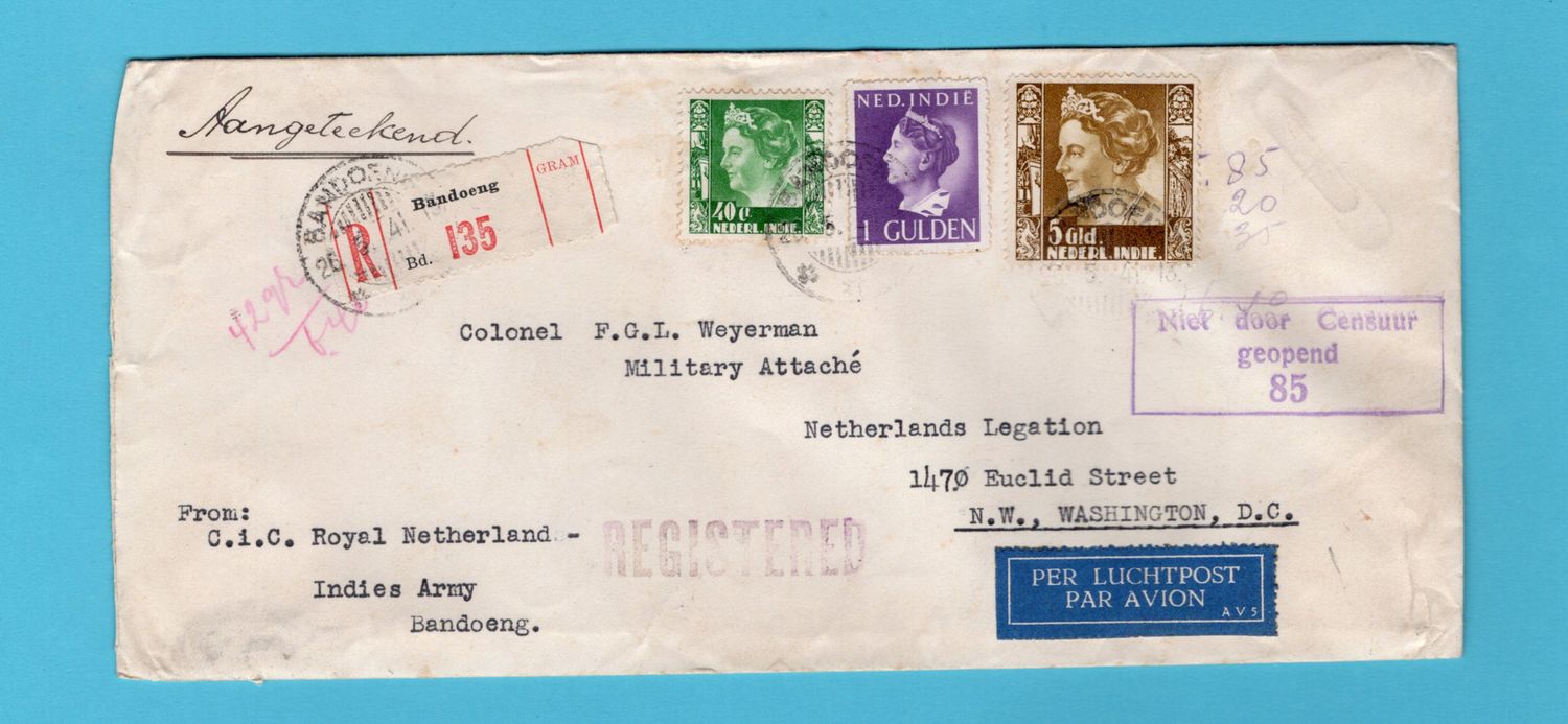 NETHERLANDS EAST INDIES R air army cover 1941 Bandoeng to USA