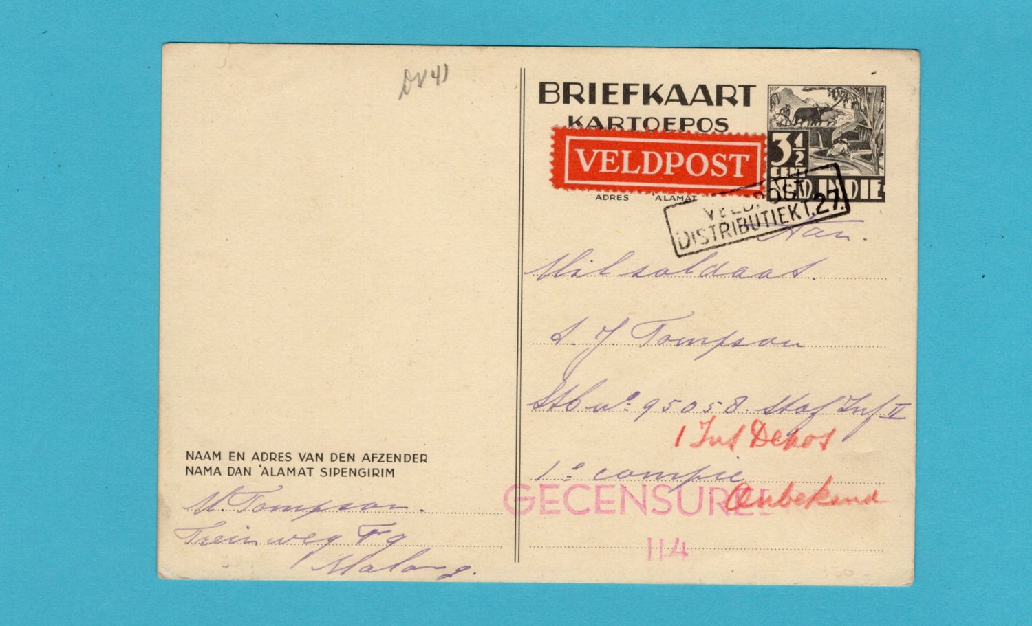 NETHERLANDS EAST INDIES censor fieldpost card  1942 Malang