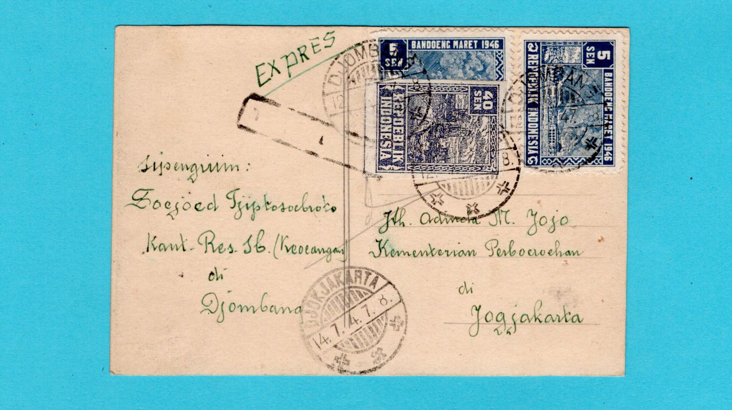 INDONESIA REPOEBLIK card 1947 Djombang to Djokjakarta