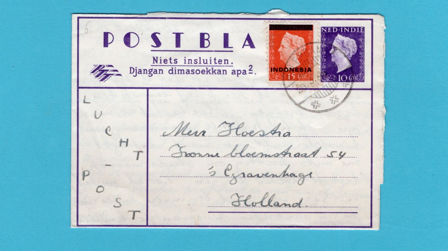 NETHERLANDS EAST INDIES letter sheet 1949 Palembang by air