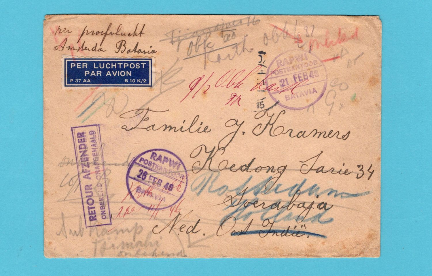 NETHERLANDS EAST INDIES by RAPWI returned cover 1946 Tjimahi camp